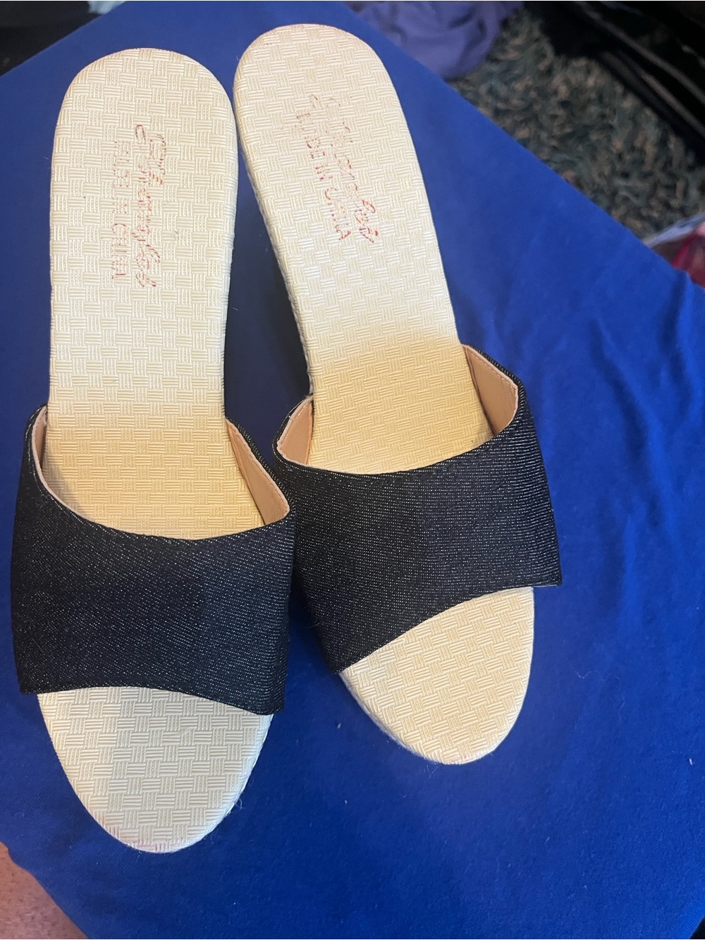 Women's Black Denim Slide Sandals with Neutral Footbed